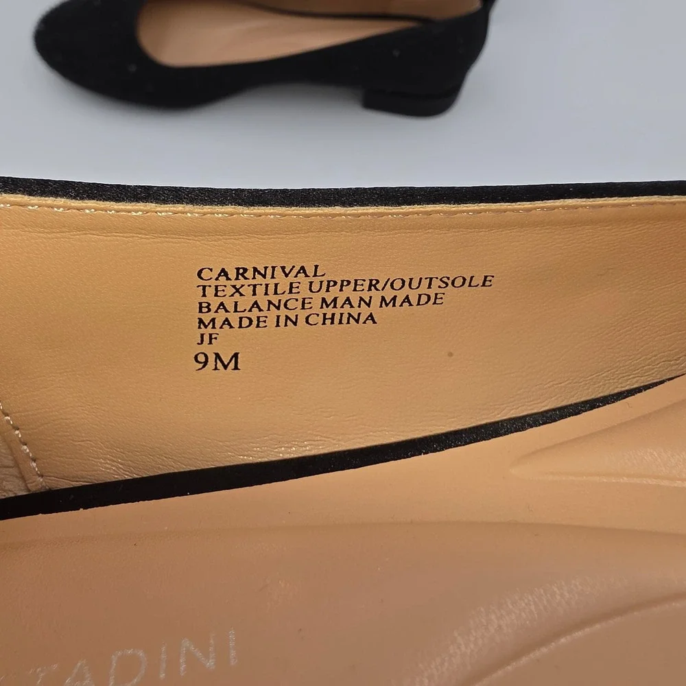 Adrienne Vittadini Carnival Black Satin Rhinestone Flats Shoes 9M 3W25F023 NWB